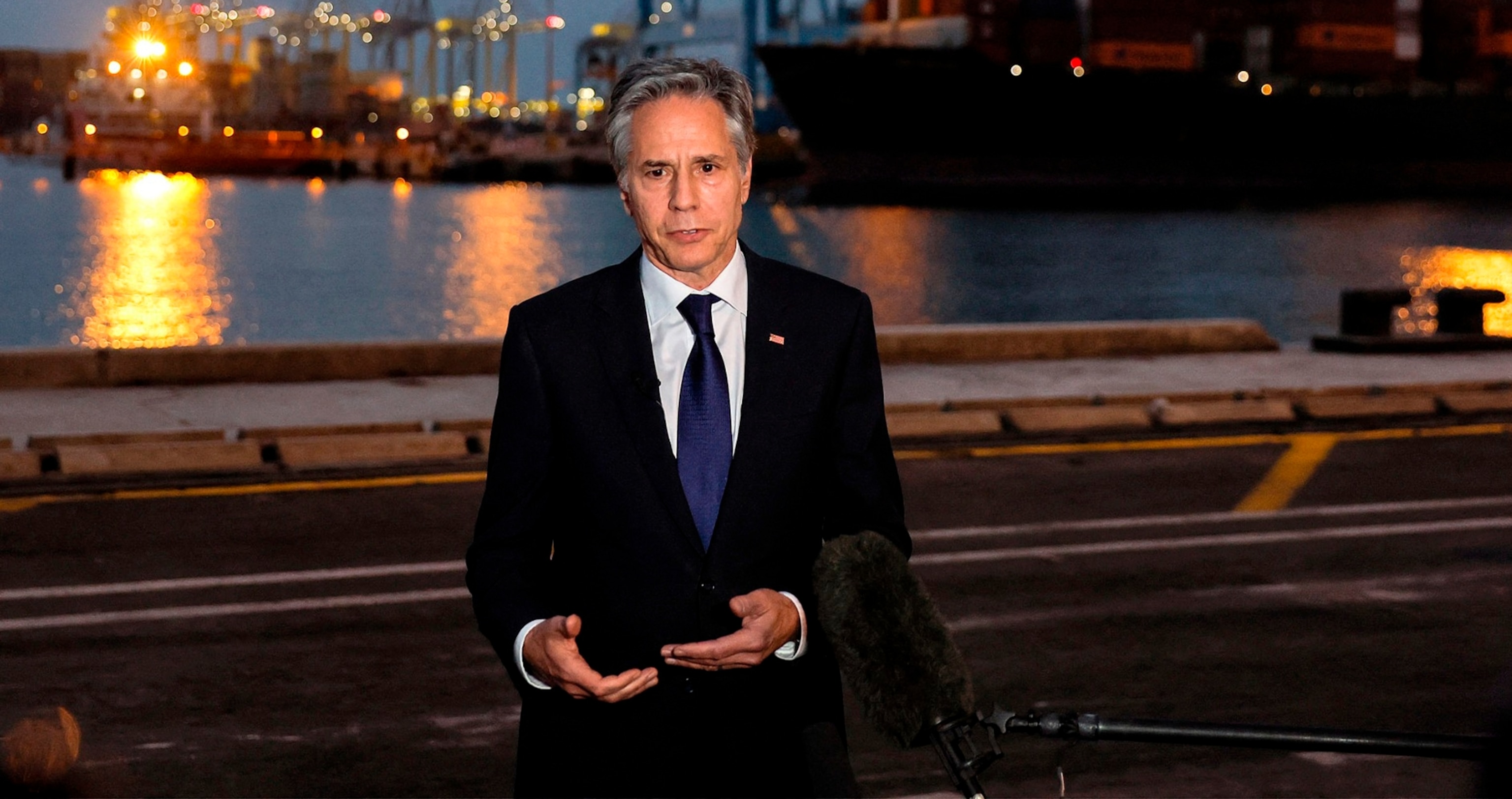 PHOTO: US Secretary of State Antony Blinken speaks to the press at the port of Ashdod in southern Israel, on May 1, 2024.