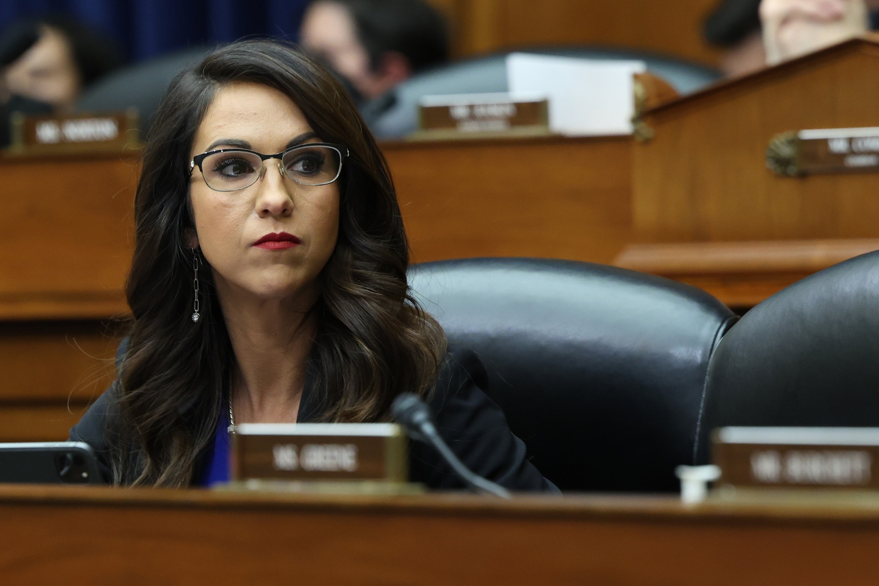 PHOTO: Rep. Lauren Boebert listens to testimony from witnesses during a House Oversight and Reform Committee hearing on the U.S. southern border, in the Rayburn House Office Building, Feb. 7, 2023.