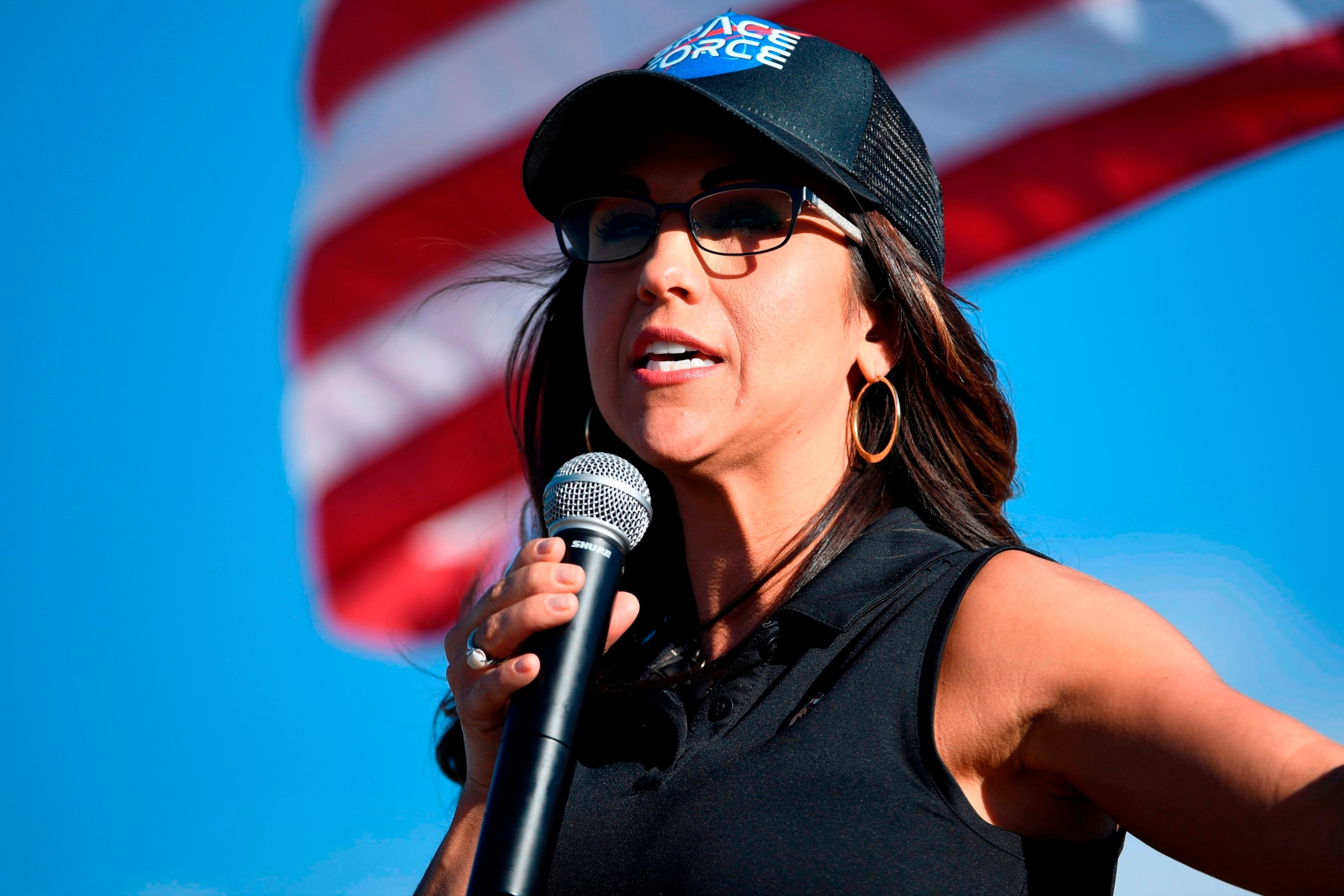 PHOTO: Lauren Boebert, the Republican candidate for the US House of Representatives seat in Colorado's 3rd Congressional District, addresses supporters during a campaign rally in Colona, Colo., Oct. 10, 2020. 