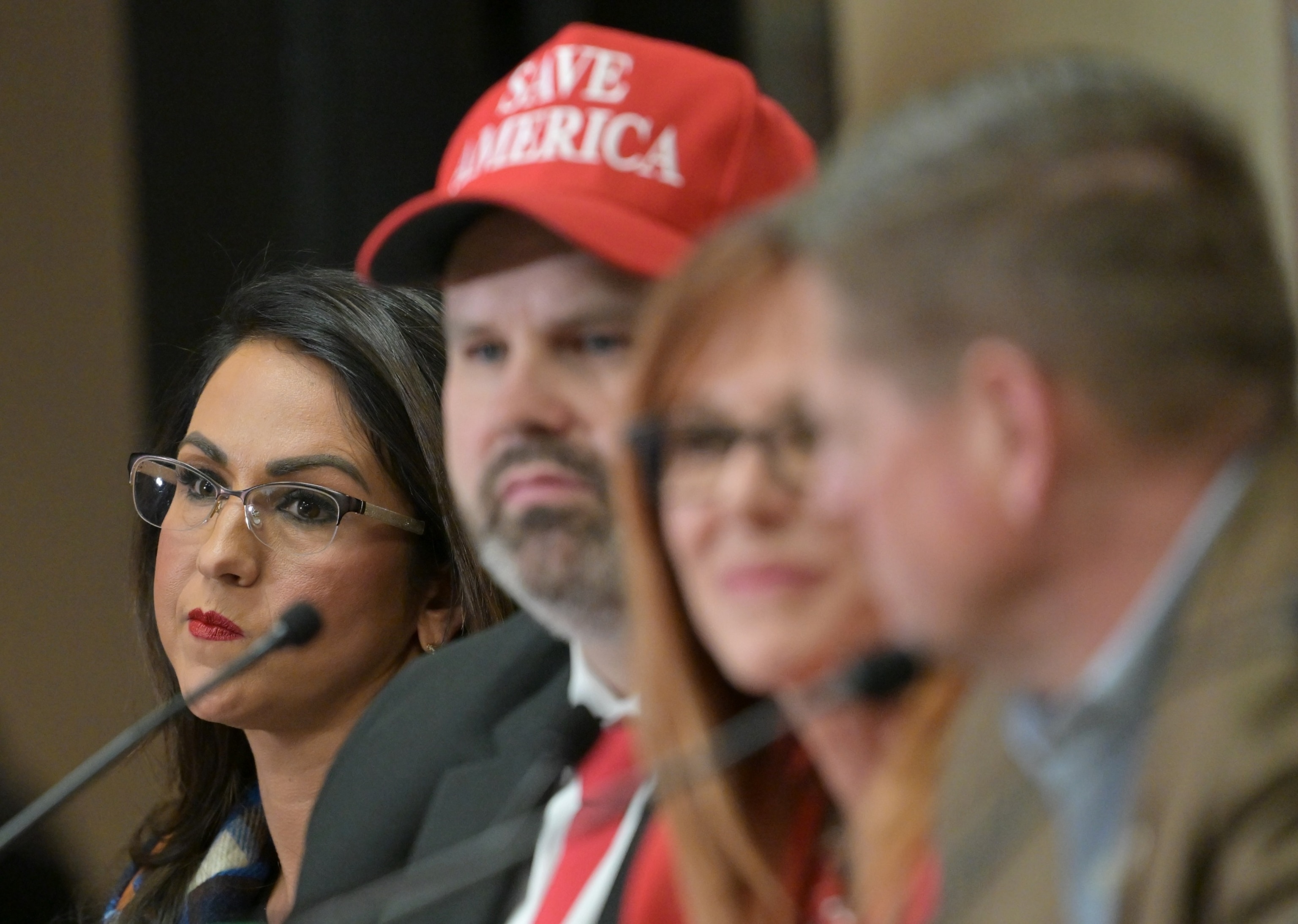 PHOTO: Rep. Lauren Boebert, left, joined nine other candidates during a debate for GOP candidates running in the 4th Congressional Districts at the Fort Lupton Recreation Center in Fort Lupton, Colo., Jan. 25, 2024.