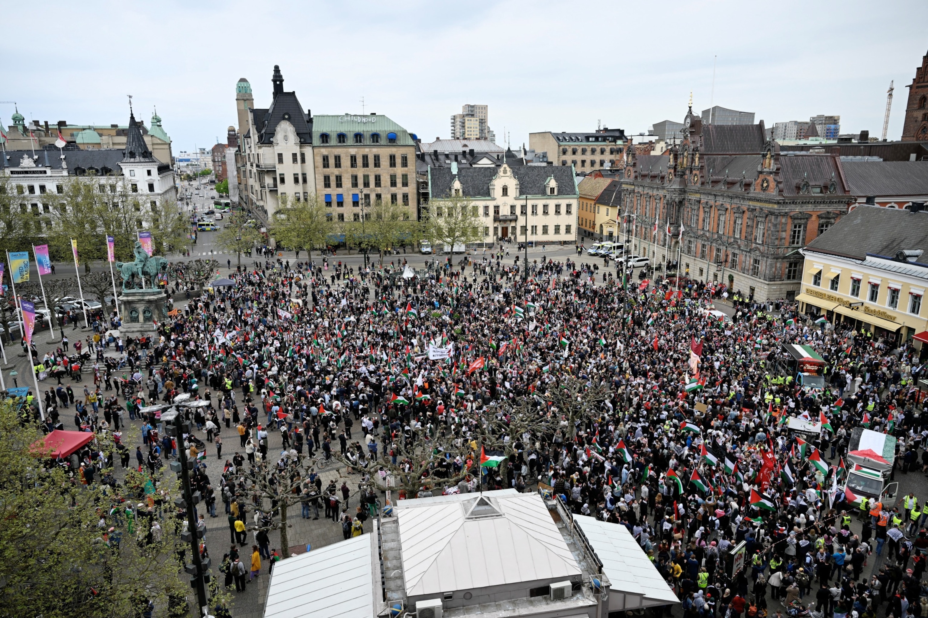 PHOTO: Protesters gather during the Stop Israel demonstration against Israel's participation in the 68th edition of the Eurovision Song Contest in Malmo, Sweden, May 9, 2024.