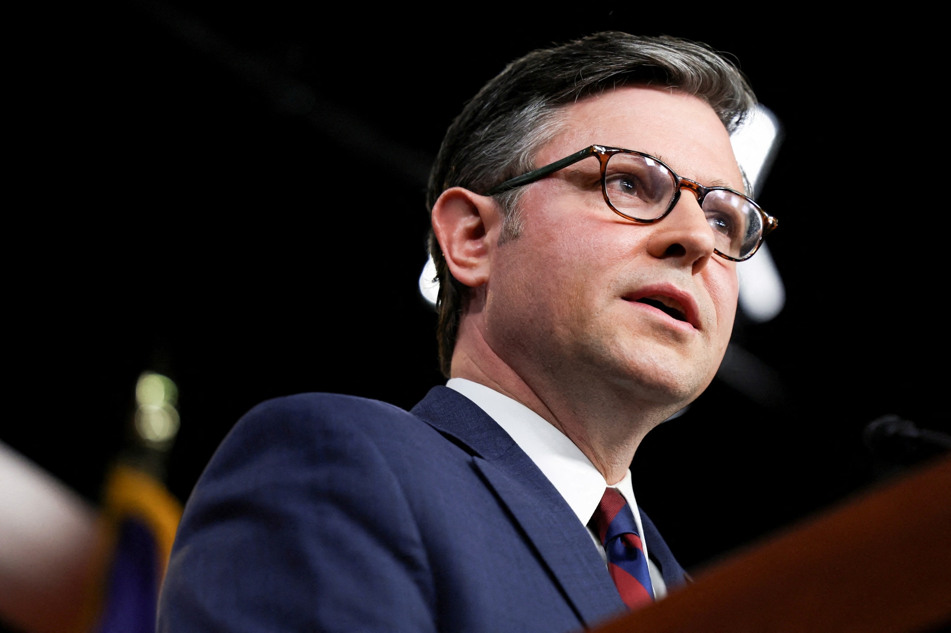 PHOTO: Speaker of the House Mike Johnson speaks during a press conference with House Republicans at the Capitol, May 7, 2024. 