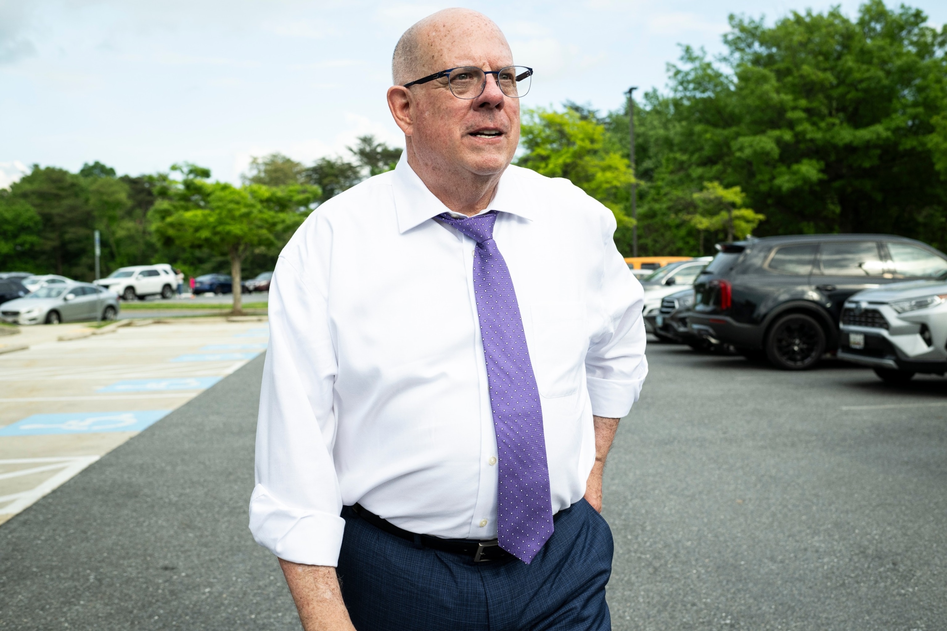 PHOTO: Larry Hogan, former governor and U.S. Republican Senate candidate for Maryland, stands outside a polling station at Potomac Community Recreation Center, May 7, 2024, in Potomac, Md.