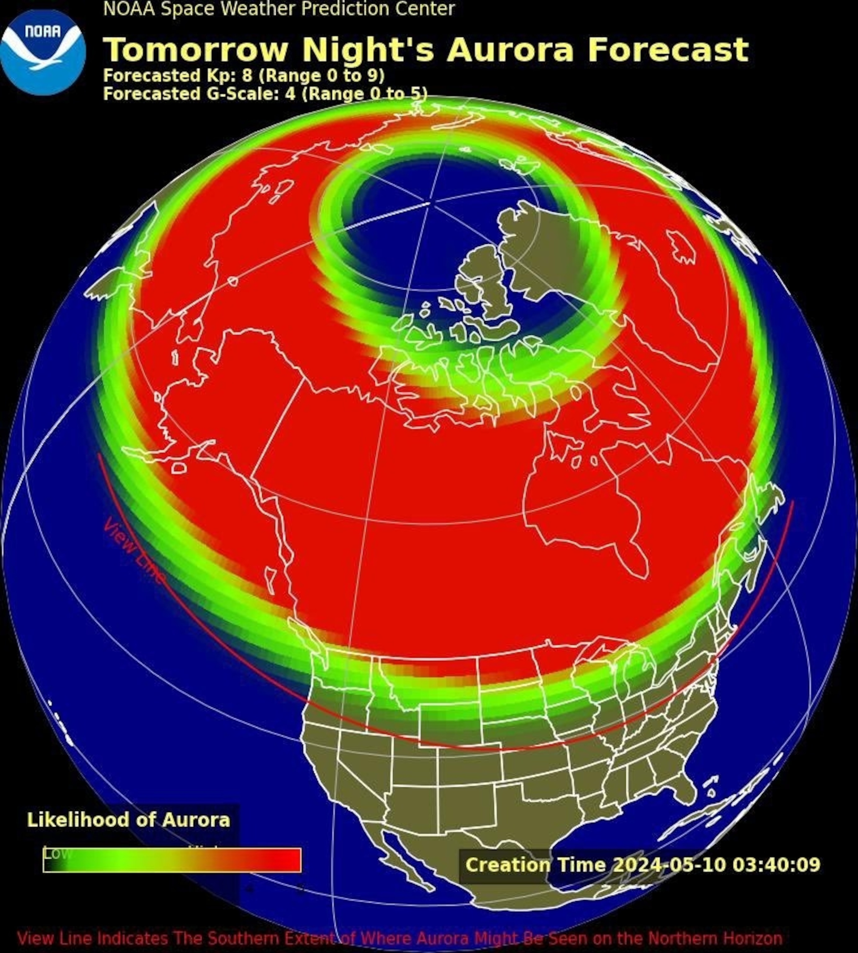 PHOTO: This map from the NOAA Space Weather Prediction Center shows the aurora forecast for May, 11, 2024.

