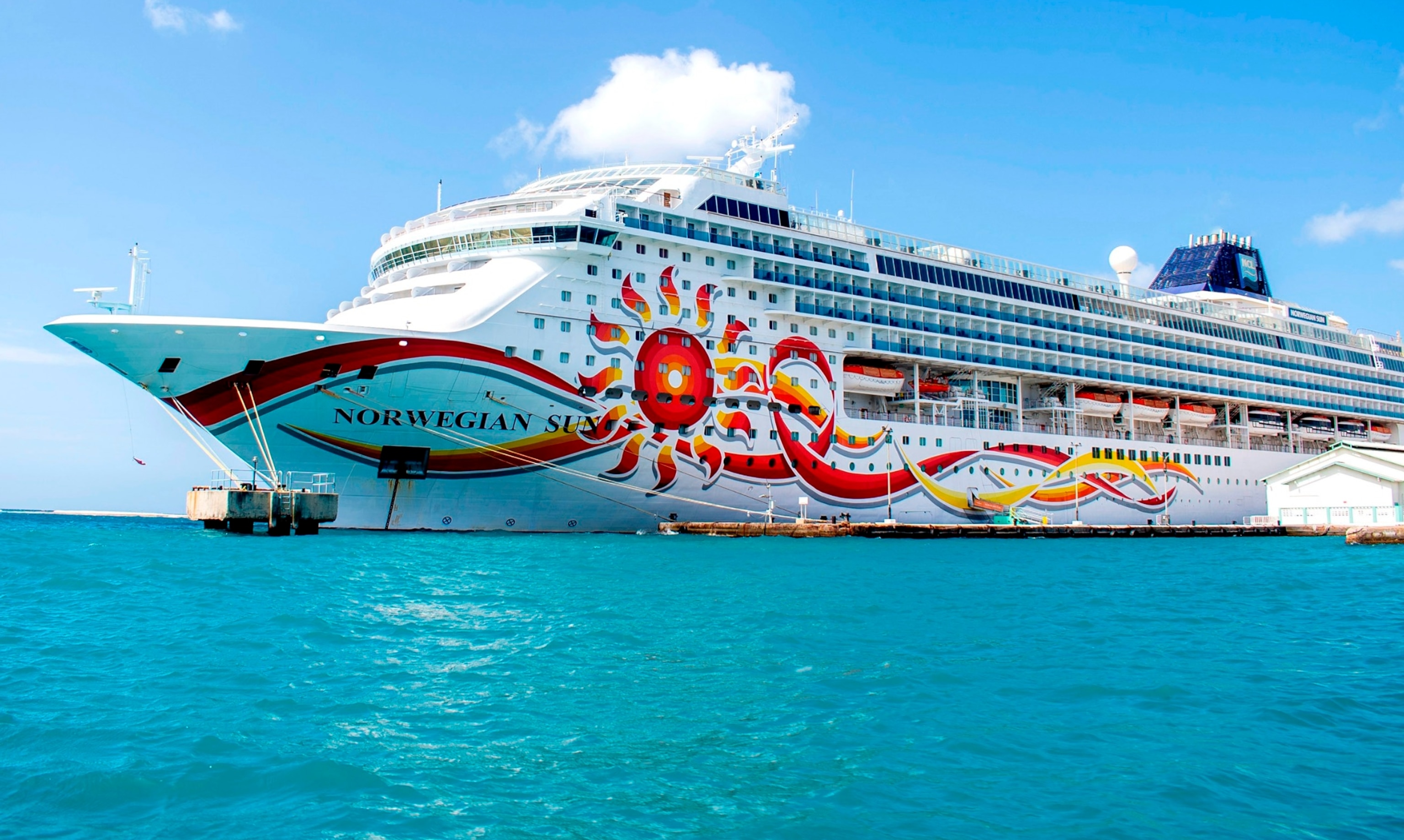 PHOTO: In this April 23, 2021, file photo, the cruise ship Norwegian Sun from Norwegian Cruise Line is shown near the island of Aruba.