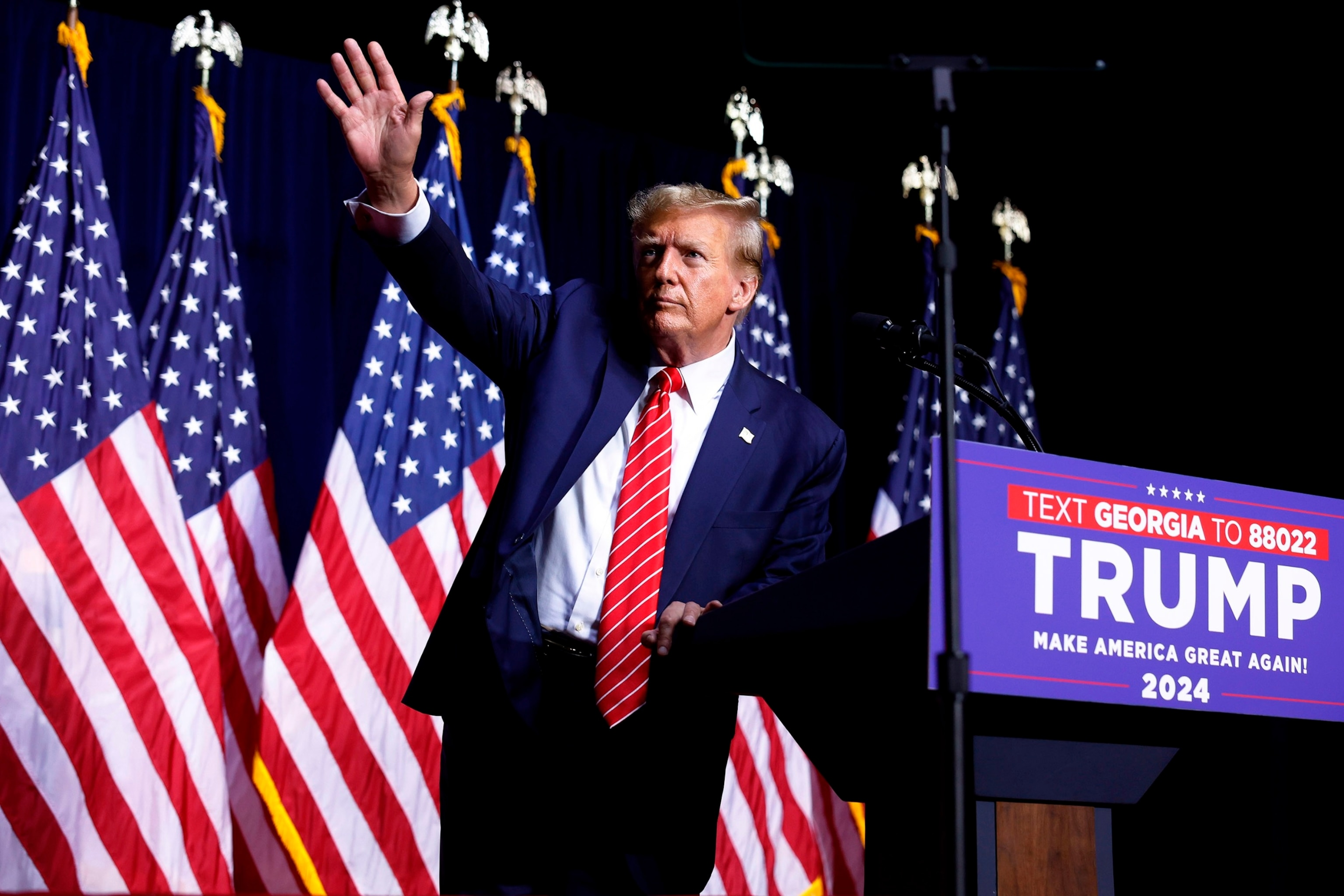 PHOTO: In this March 9, 2024, file photo, Republican presidential candidate and former President Donald Trump leaves the stage at the conclusion of a campaign rally at the Forum River Center, in Rome, Georgia.