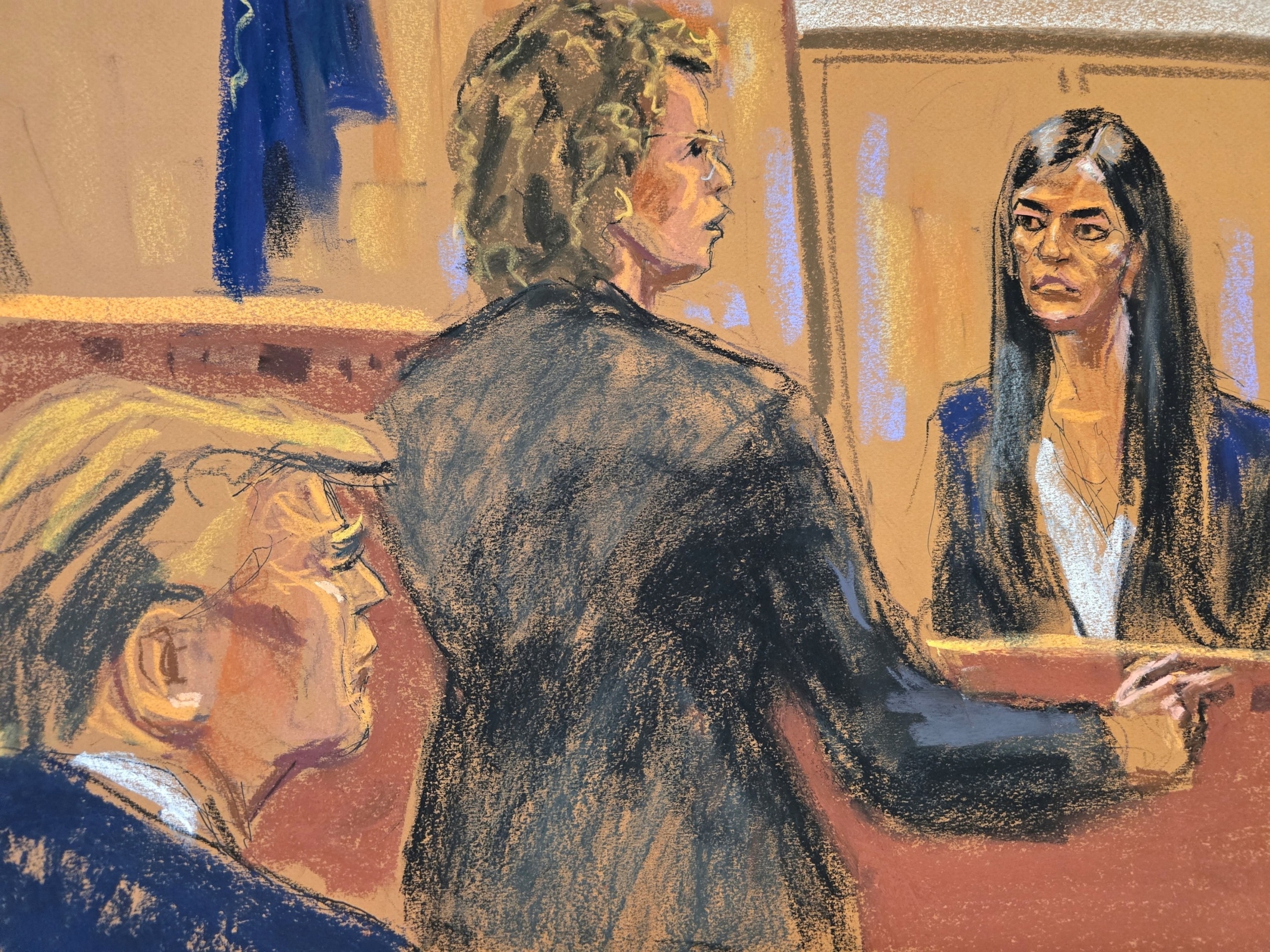 PHOTO: Former President Trump watches as former Director of Oval Office Operations Madeleine Westerhout is cross-examined by defense attorney Susan Necheles during Trump's criminal trial in Manhattan state court, May 10, 2024, in this courtroom sketch.